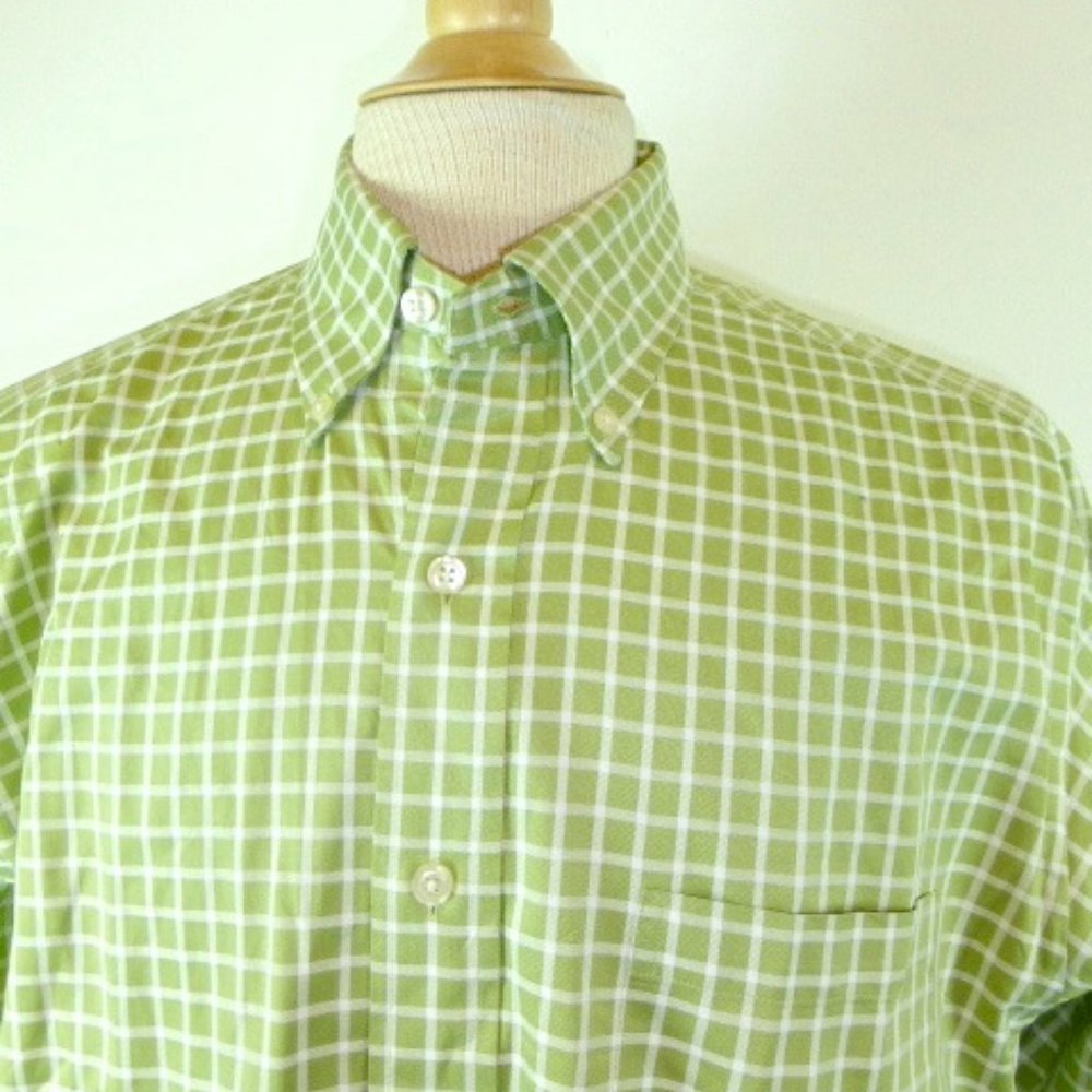 Brooks Brothers green check plaid button down collar Italian cotton shirt M